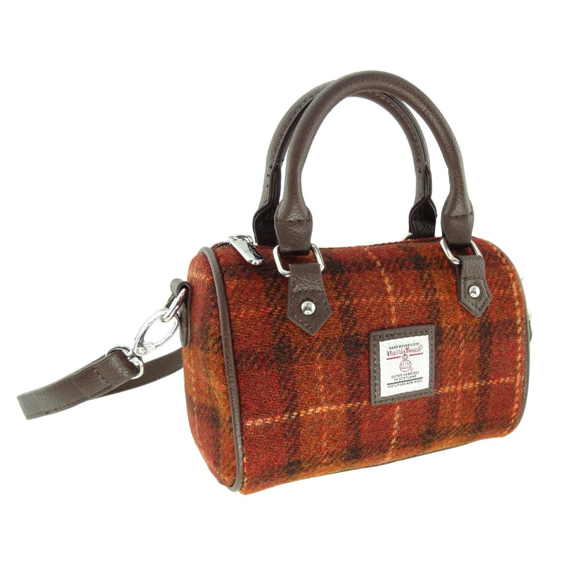 Harris Tweed Kilbride Mini Bowling Bag - Small Shoulder and Handbag - Heritage Of Scotland - Rust with Orange Overcheck (COL117)