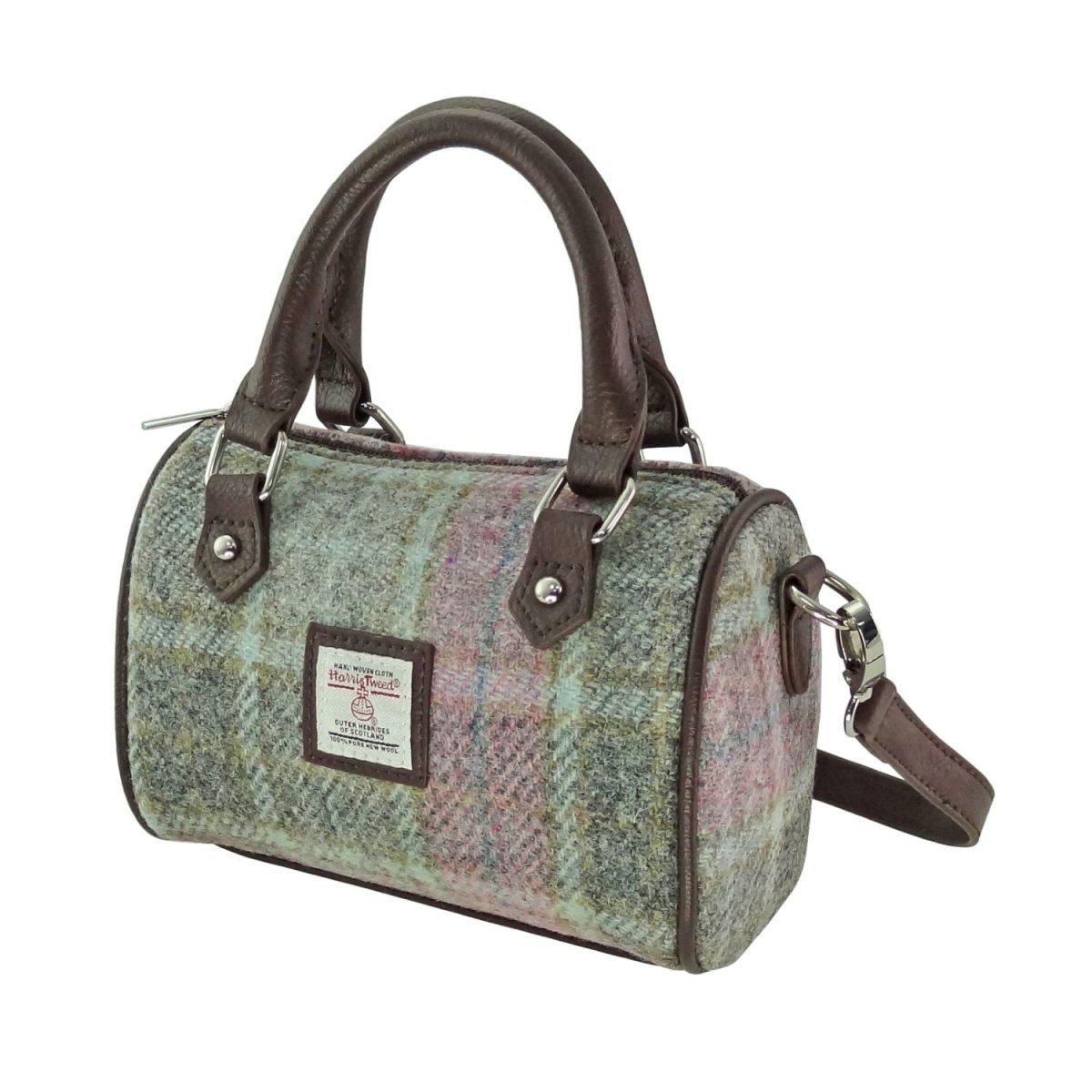 Harris Tweed Kilbride Mini Bowling Bag - Small Shoulder and Handbag - Soft Pink Buchanan (COL134) - Heritage Of Scotland -