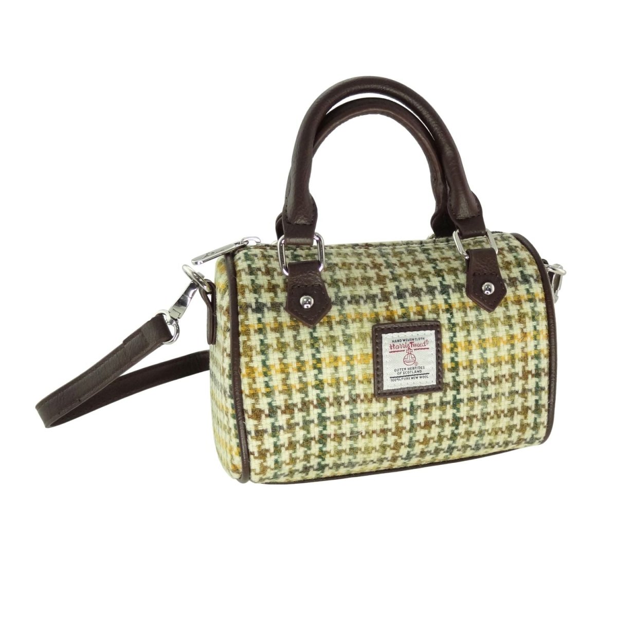 Harris Tweed Kilbride Mini Bowling Bag - Small Shoulder and Handbag - Yellow, Green & Brown Dogtooth (COL149) - Heritage Of Scotland -