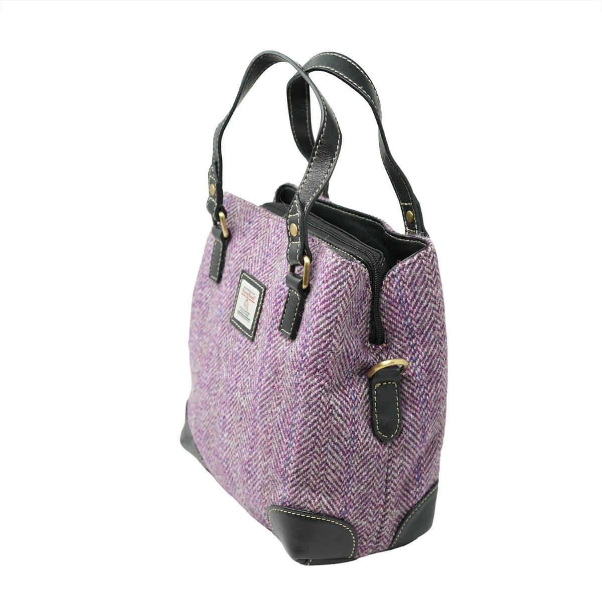 Harris Tweed Ladies Leather Handbag – Plum Herringbone & Black - Heritage Of Scotland - Plum Herringbone / Black