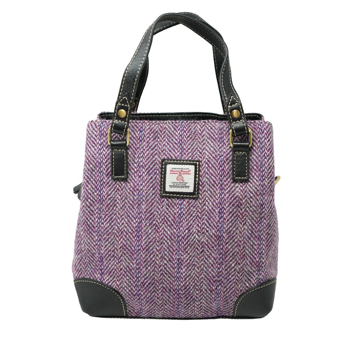 Harris Tweed Ladies Leather Handbag – Plum Herringbone & Black - Heritage Of Scotland - Plum Herringbone / Black