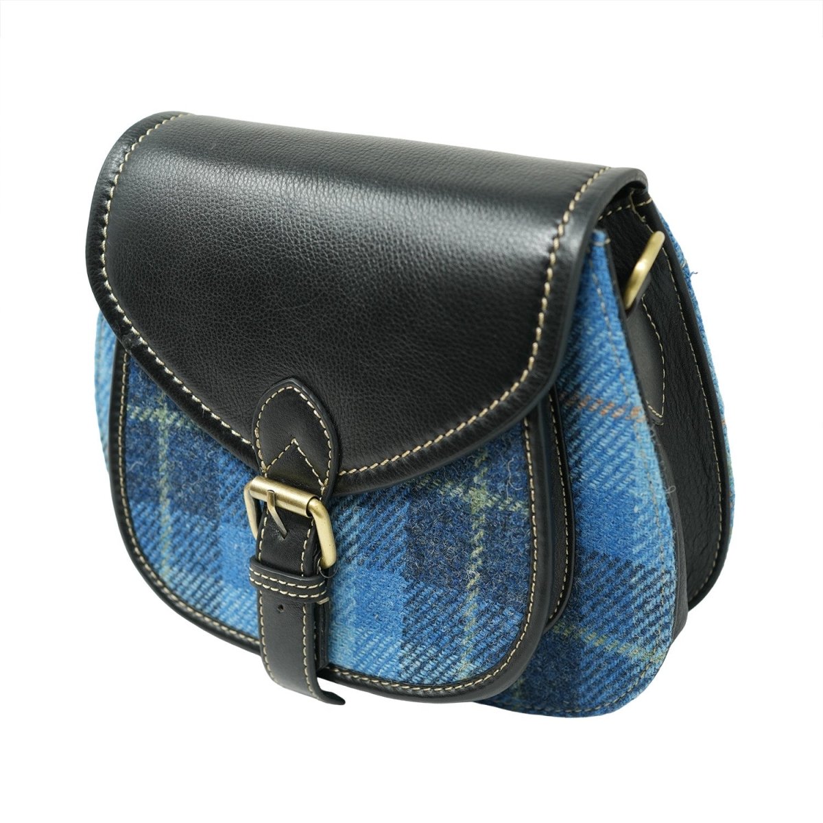 Harris Tweed Ladies Leather Shoulder Bag – Blue Check & Black - Heritage Of Scotland - Blue Check / Black