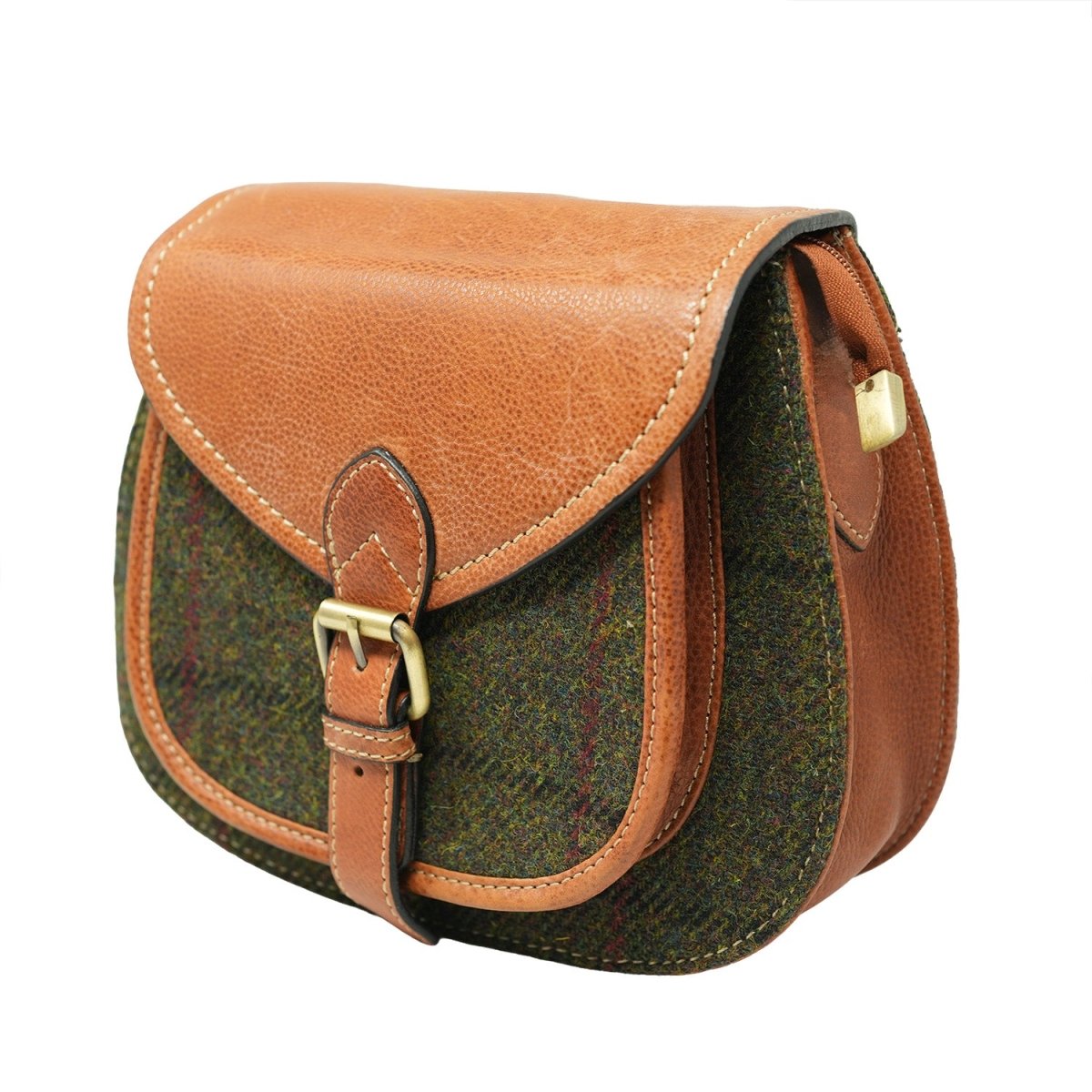 Harris Tweed Ladies Leather Shoulder Bag – Dark Green Check & Tan - Heritage Of Scotland - Dark Green Check / Tan