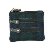 Harris Tweed Leather Coin Purse – Authentic Scottish Zip Wallet - Heritage Of Scotland - BLACK WATCH / GREEN
