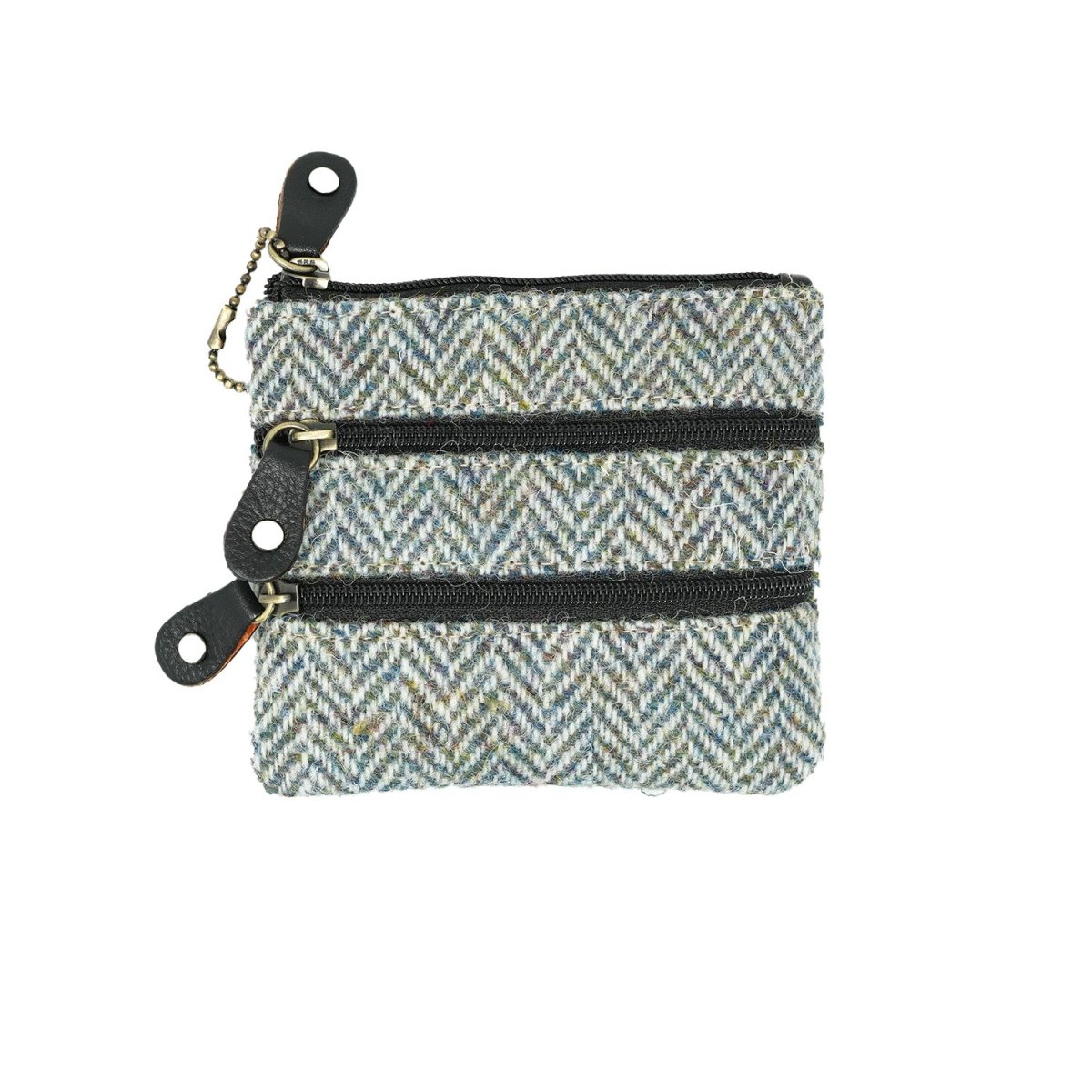 Harris Tweed Leather Coin Purse – Authentic Scottish Zip Wallet - Heritage Of Scotland - GREEN & BROWN HERRINGBONE / BLACK
