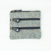 Harris Tweed Leather Coin Purse – Authentic Scottish Zip Wallet - Heritage Of Scotland - GREEN & BROWN HERRINGBONE / BLUE