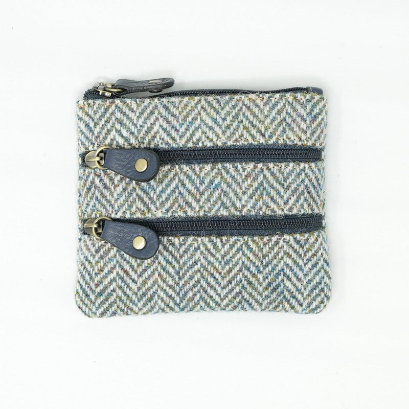 Harris Tweed Leather Coin Purse – Authentic Scottish Zip Wallet - Heritage Of Scotland - GREEN & BROWN HERRINGBONE / BLUE
