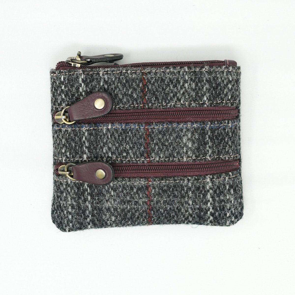 Harris Tweed Leather Coin Purse – Authentic Scottish Zip Wallet - Heritage Of Scotland - GREY & RED CHECK / MAROON