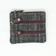 Harris Tweed Leather Coin Purse – Authentic Scottish Zip Wallet - Heritage Of Scotland - GREY & RED CHECK / MAROON