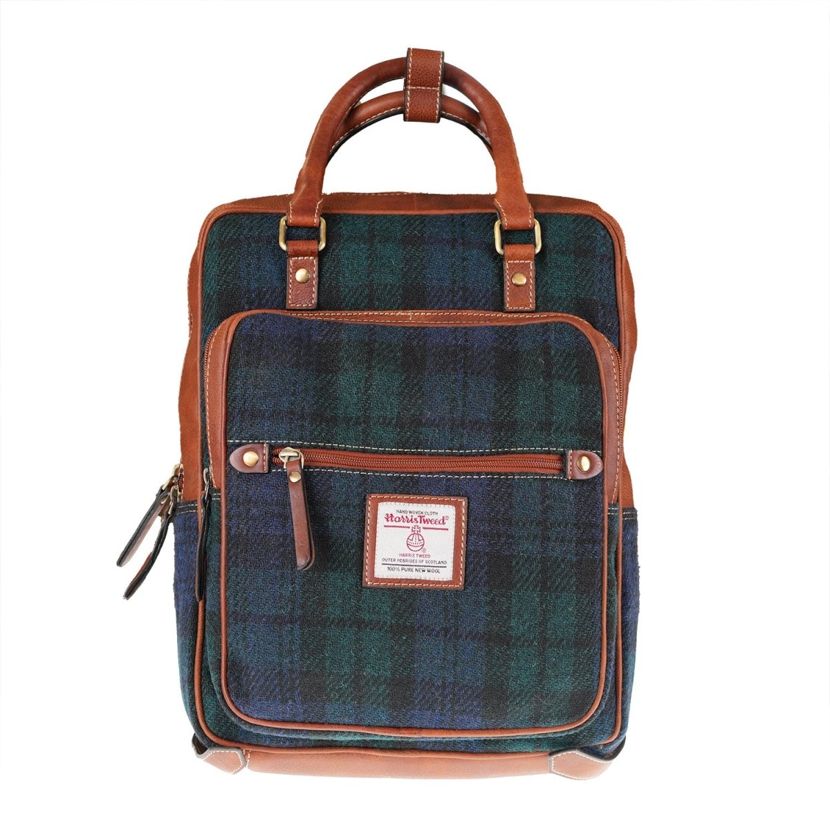 Harris Tweed & Leather Large Backpack - BLACK WATCH / TAN - Heritage Of Scotland -