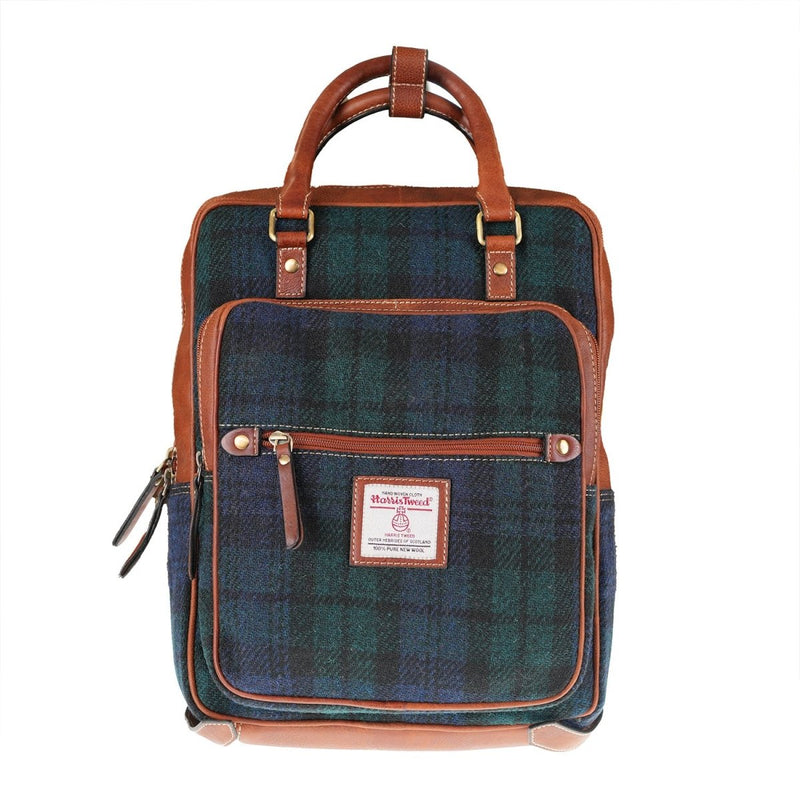 Harris Tweed & Leather Large Backpack - BLACK WATCH / TAN - Heritage Of Scotland -