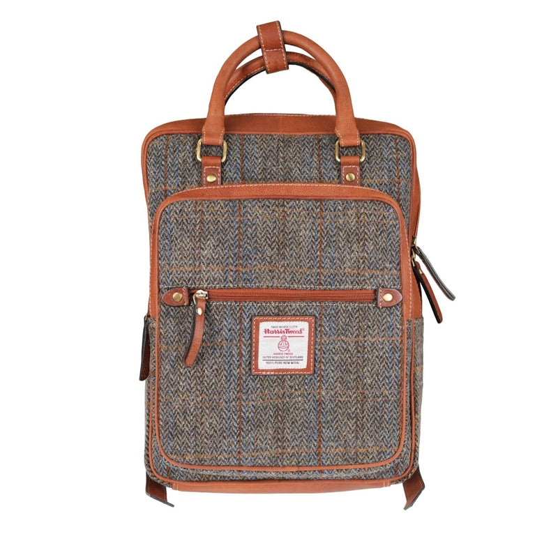 Harris Tweed & Leather Large Backpack - BLUE & BROWN CHECK HB / TAN - Heritage Of Scotland -