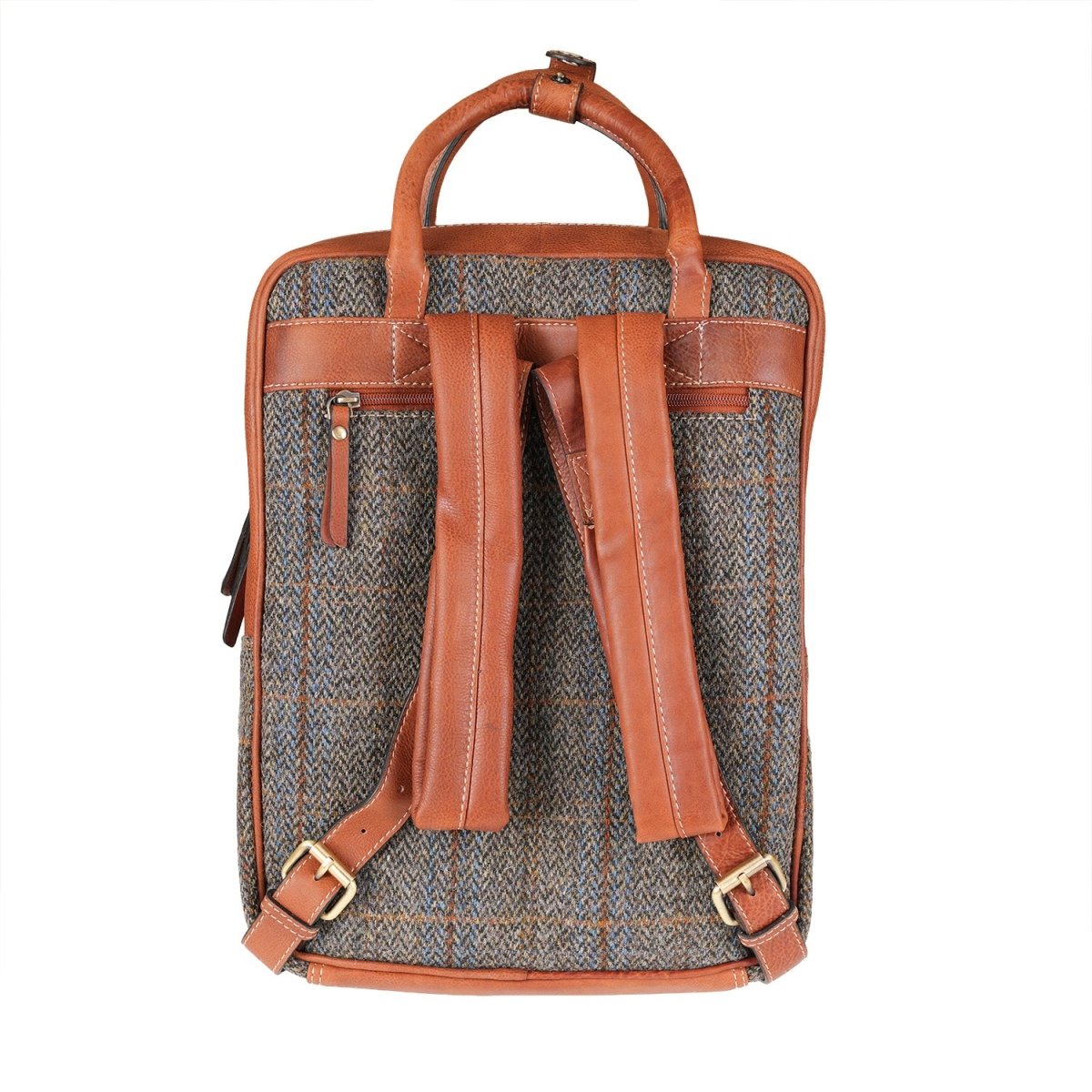 Harris Tweed & Leather Large Backpack - BLUE & BROWN CHECK HB / TAN - Heritage Of Scotland -