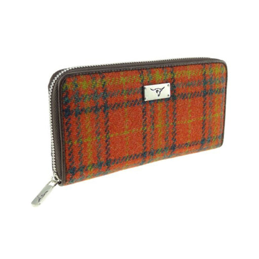 Harris Tweed Long Zip Purse - Staffa Rust/ Orange Overcheck - Heritage Of Scotland - Rust/ Orange Overcheck