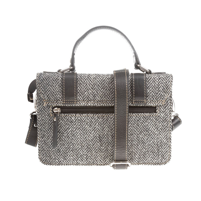 Harris Tweed Medium Satchel Bag Black & White Herringbone / Black - Heritage Of Scotland - BLACK & WHITE HERRINGBONE / BLACK