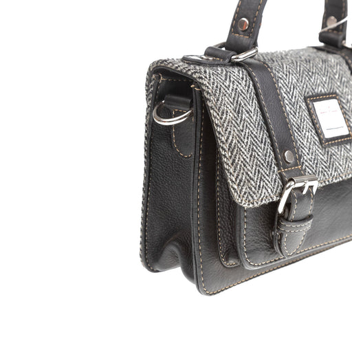 Harris Tweed Medium Satchel Bag Black & White Herringbone / Black - Heritage Of Scotland - BLACK & WHITE HERRINGBONE / BLACK