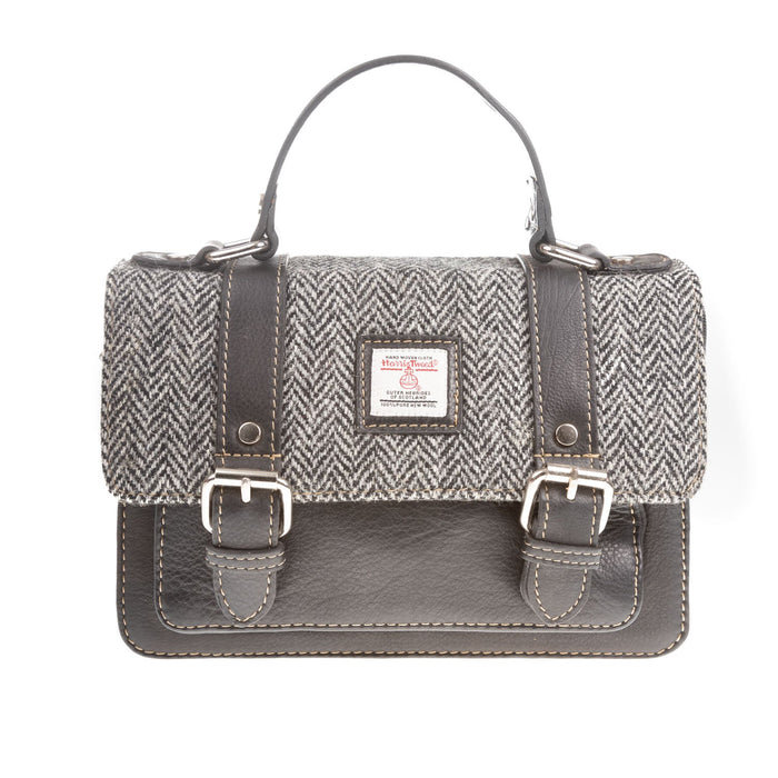 Harris Tweed Medium Satchel Bag Black & White Herringbone / Black - Heritage Of Scotland - BLACK & WHITE HERRINGBONE / BLACK