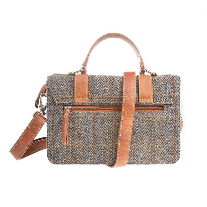 Harris Tweed Medium Satchel Bag Blue & Brown Check Hb / Tan - Heritage Of Scotland - BLUE & BROWN CHECK HB / TAN