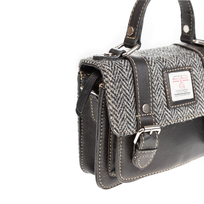 Harris Tweed Mini Satchel Bag Black & White Herringbone / Black - Heritage Of Scotland - BLACK & WHITE HERRINGBONE / BLACK