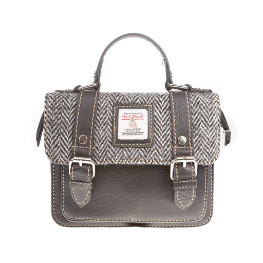 Harris Tweed Mini Satchel Bag Black & White Herringbone / Black - Heritage Of Scotland - BLACK & WHITE HERRINGBONE / BLACK