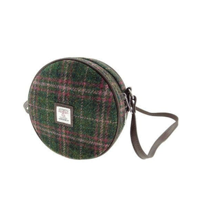 Harris Tweed Round Bag Bannock Dark Green And Plum Check - Heritage Of Scotland - DARK GREEN AND PLUM CHECK