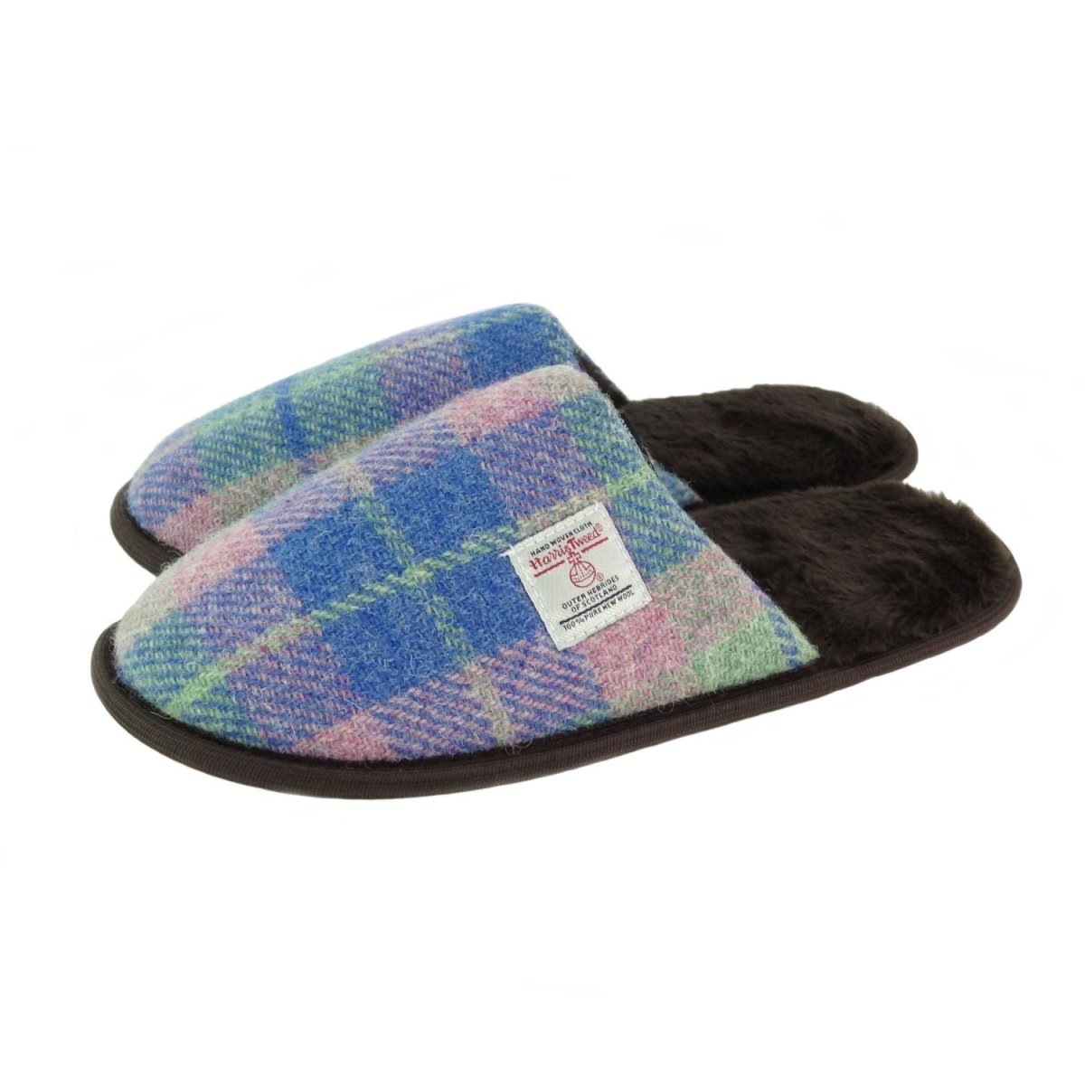 Harris Tweed Slippers - Warm Wool Tartan House Slippers - Faded Pink and Blue Tartan (COL135) - Heritage Of Scotland - EU 37 / UK 4