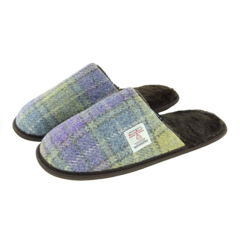 Harris Tweed Slippers with Faux Fur Lining | Warm & Comfortable - Heritage Of Scotland - Muted Lilac / Lime Green Tartan