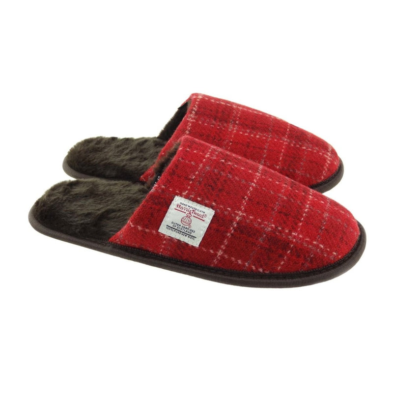 Harris Tweed Slippers with Faux Fur Lining | Warm & Comfortable - Heritage Of Scotland - Red Check
