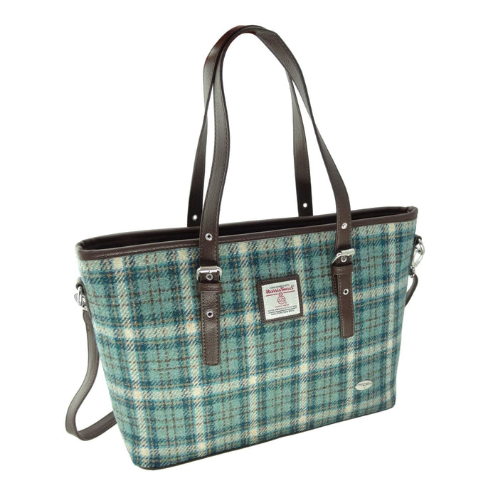 Harris Tweed Spey Tote Bag - Large Adjustable Shoulder Tote - Heritage Of Scotland - Duck Egg and Cream Check (COL121)