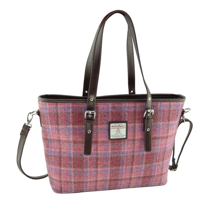 Harris Tweed Spey Tote Bag - Large Adjustable Shoulder Tote - Heritage Of Scotland - Pink Check (COL103)