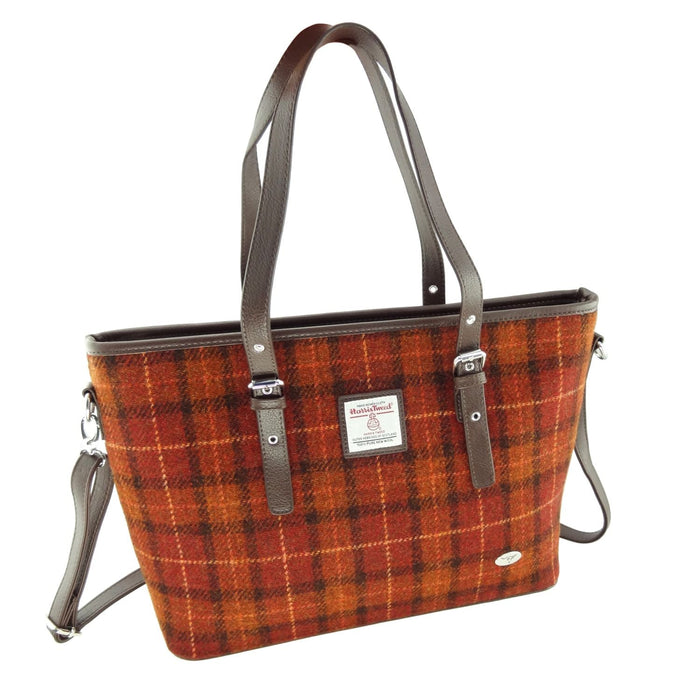 Harris Tweed Spey Tote Bag - Large Adjustable Shoulder Tote - Heritage Of Scotland - Rust with Orange Overcheck (COL117)