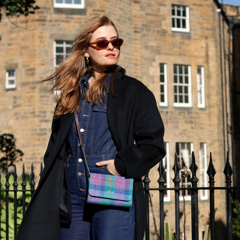 Harris Tweed Strathy Wallet Shoulder Bag - Scottish Compact Handbag - Heritage Of Scotland - MacLeod Tartan (COL015)