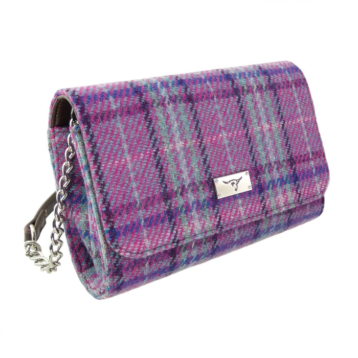 Harris Tweed Strathy Wallet Shoulder Bag - Scottish Compact Handbag - Heritage Of Scotland - Purple & Mint Check (COL146)