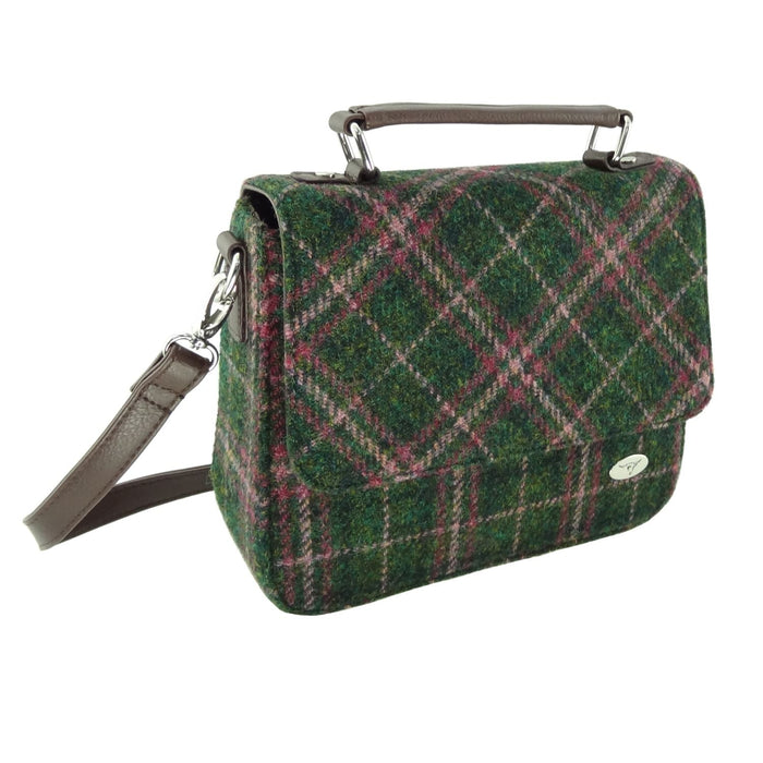 Harris Tweed Thurso Square Shoulder Bag - Stylish Tartan Everyday Bag - Heritage Of Scotland - Dark Green & Plum Check (COL107)
