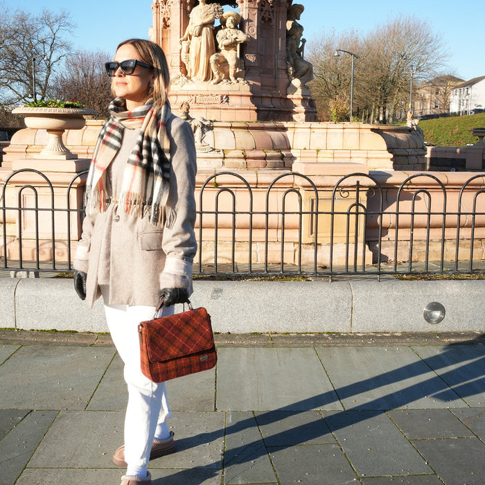 Harris Tweed Thurso Square Shoulder Bag - Stylish Tartan Everyday Bag - Heritage Of Scotland - Pale Orange Stewart Tartan (COL148)