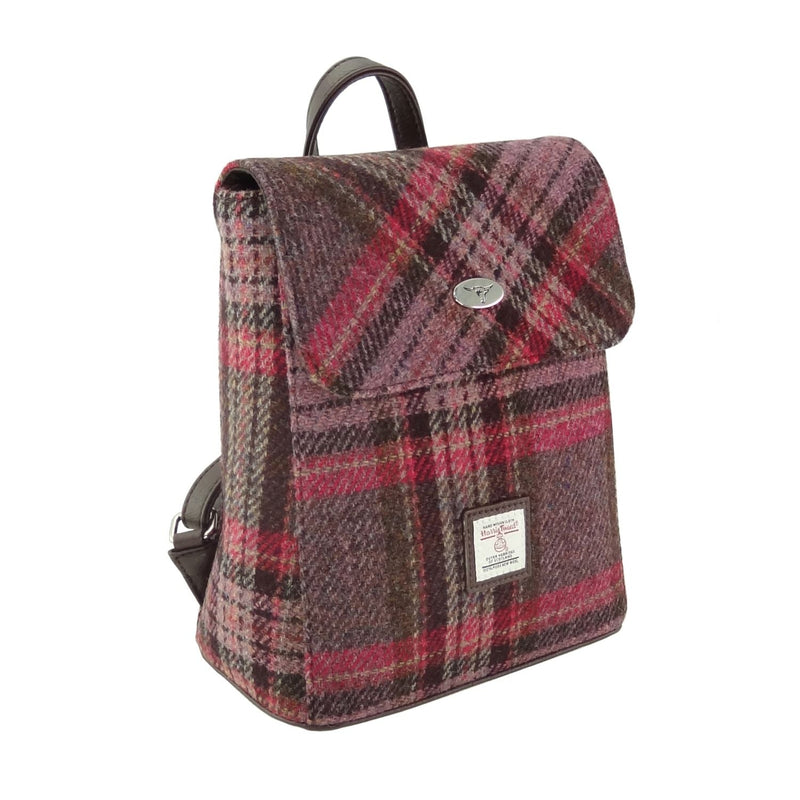 Harris Tweed Tummel Mini Backpack - Small Backpack with Phone Pocket - Heritage Of Scotland - Burgundy & Pink Stewart Tartan (COL144)