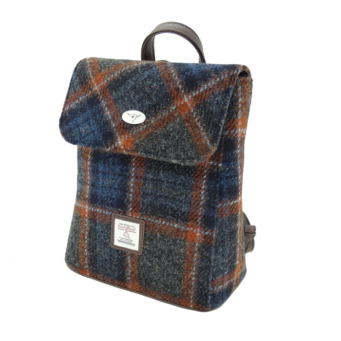 Harris Tweed Tummel Mini Backpack - Small Backpack with Phone Pocket - Heritage Of Scotland - Grey with Rust Overcheck (COL127)