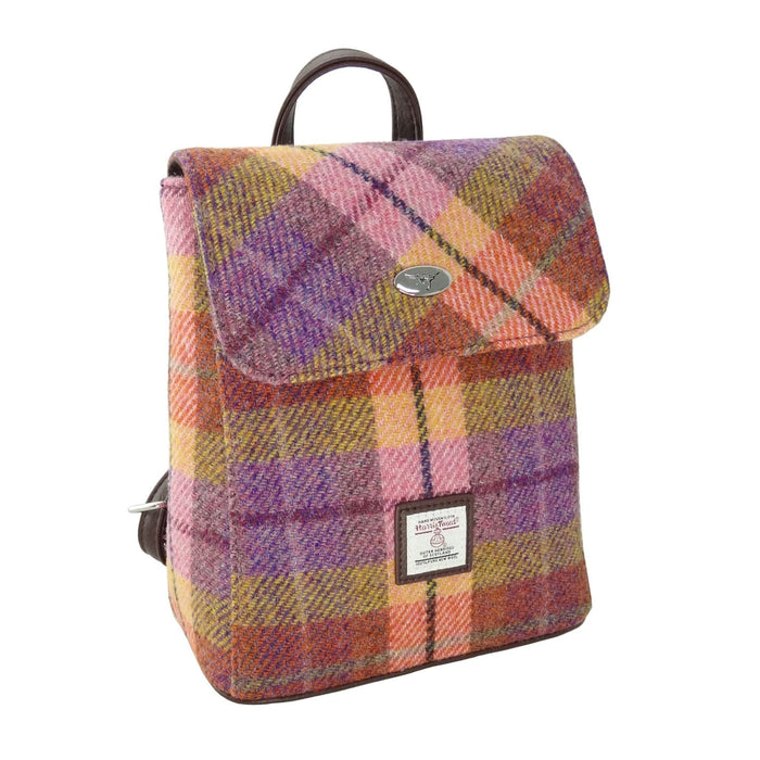 Harris Tweed Tummel Mini Backpack - Small Backpack with Phone Pocket - Heritage Of Scotland - Peach and Purple Tartan (COL124)