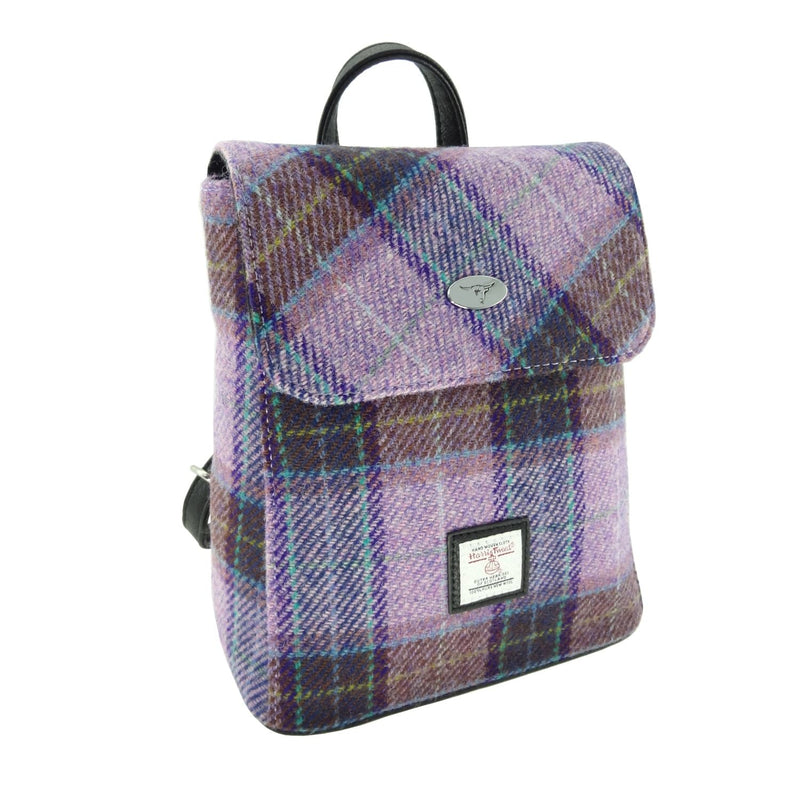 Harris Tweed Tummel Mini Backpack - Small Backpack with Phone Pocket - Heritage Of Scotland - Pink with Lilac Check (COL034)