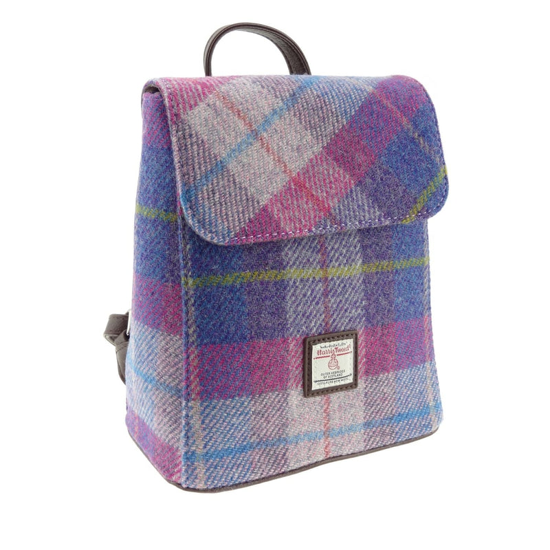 Harris Tweed Tummel Mini Backpack - Small Backpack with Phone Pocket - Heritage Of Scotland - Purple / Pink Tartan (COL047)