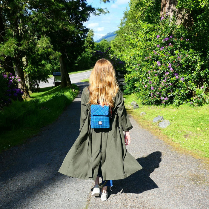 Harris Tweed Tummel Mini Backpack - Small Backpack with Phone Pocket - Heritage Of Scotland - Rust Red with Green, White & Blue Overcheck (COL151)