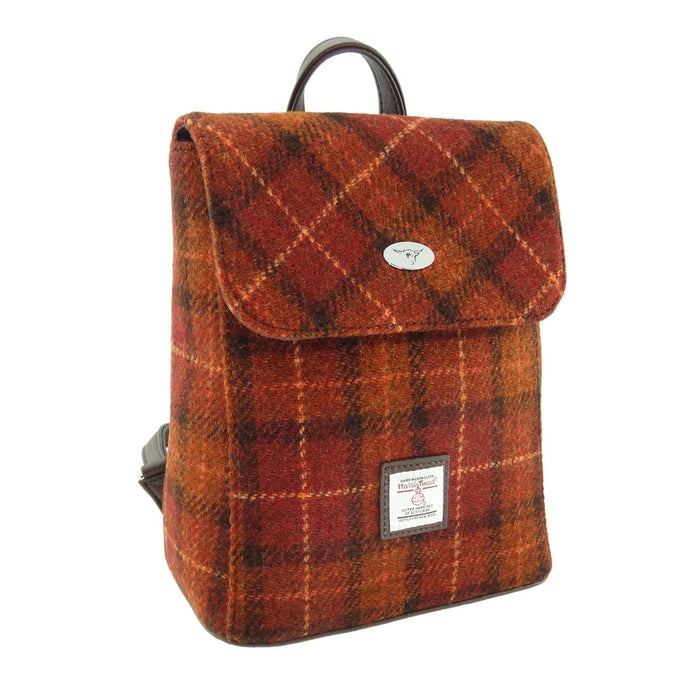 Harris Tweed Tummel Mini Backpack - Small Backpack with Phone Pocket - Heritage Of Scotland - Rust with Orange Overcheck (COL117)