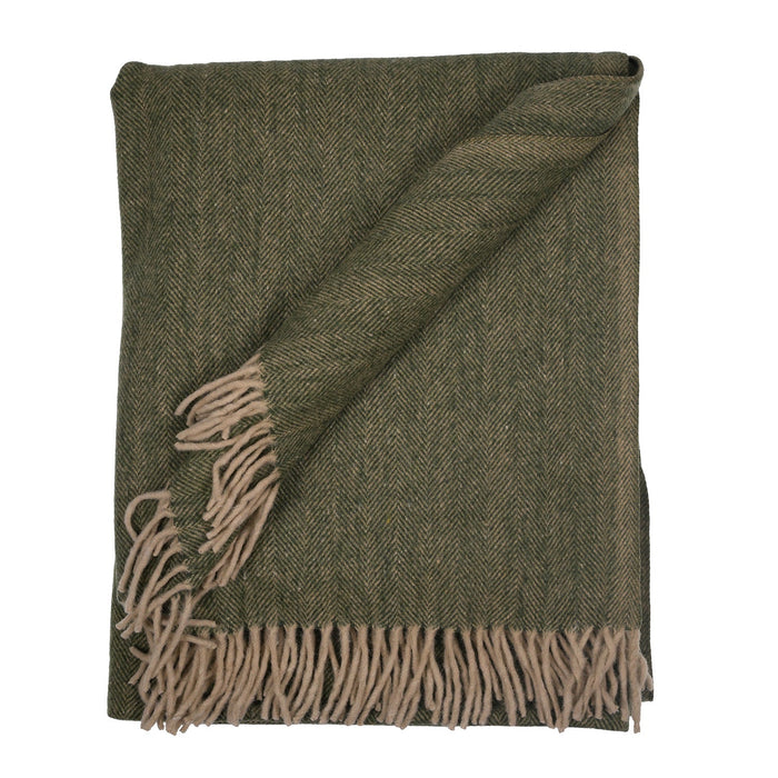 Herringbone Blanket 70% Recycled Wool - Heritage Of Scotland - OLIVE