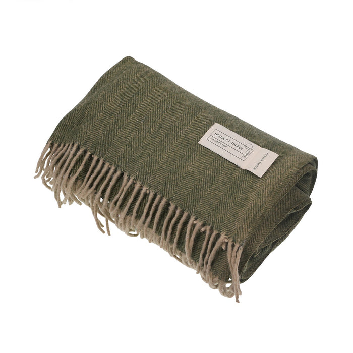Herringbone Blanket 70% Recycled Wool - Heritage Of Scotland - OLIVE
