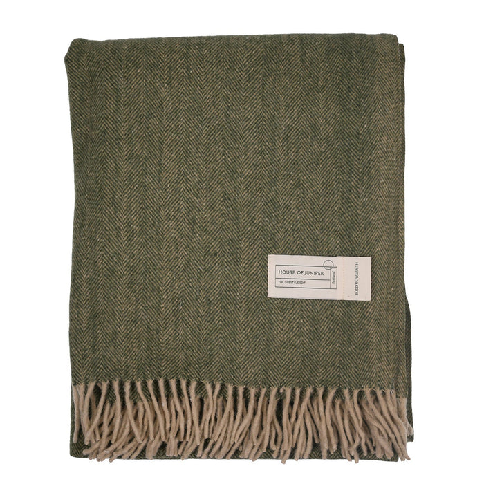 Herringbone Blanket 70% Recycled Wool - Heritage Of Scotland - OLIVE