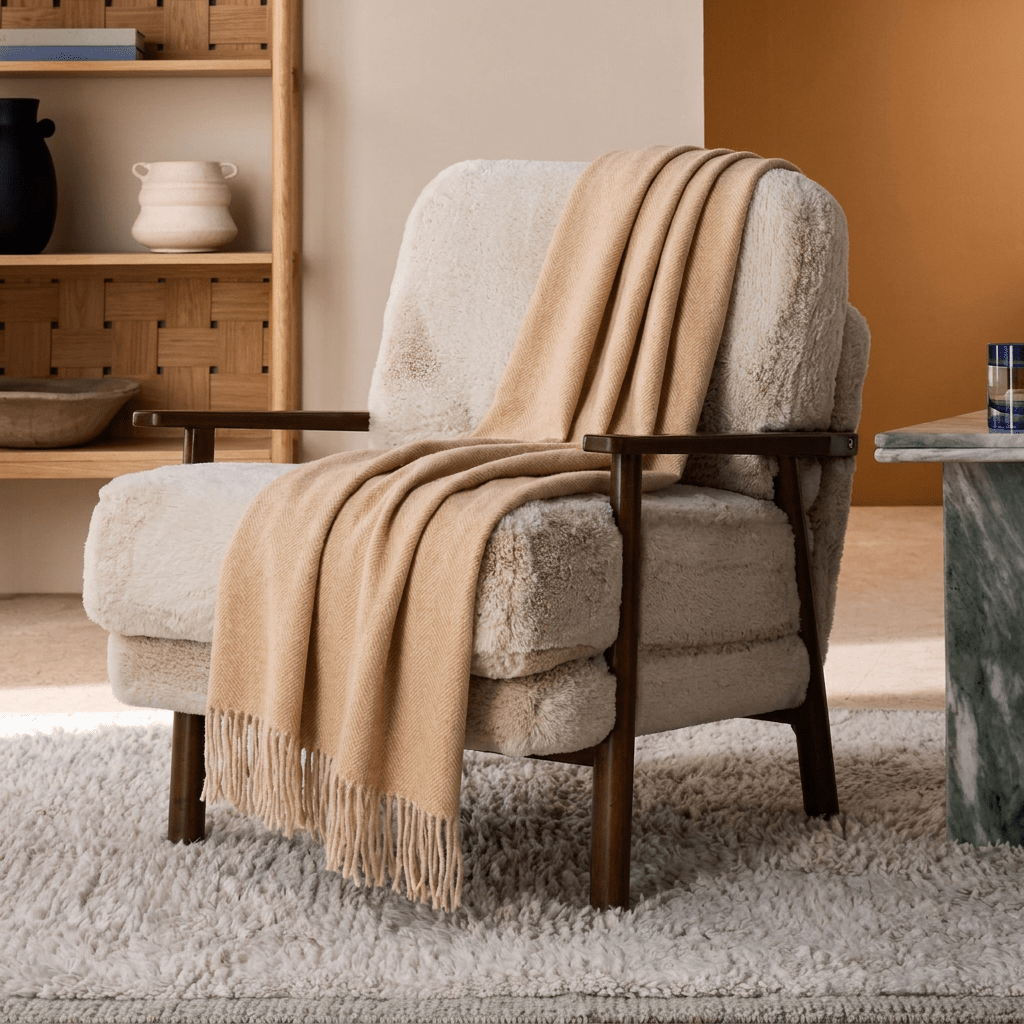 Highland Herringbone Wool Blend Throw Blanket with Tasselled Fringe - CINNAMON LATTE - Heritage Of Scotland -