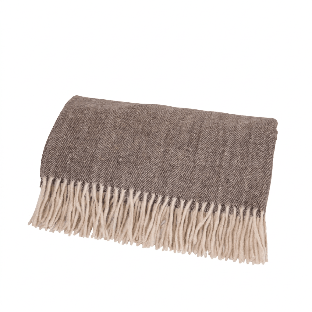 Highland Herringbone Wool Blend Throw Blanket with Tasselled Fringe - DEEP BROWN - Heritage Of Scotland -