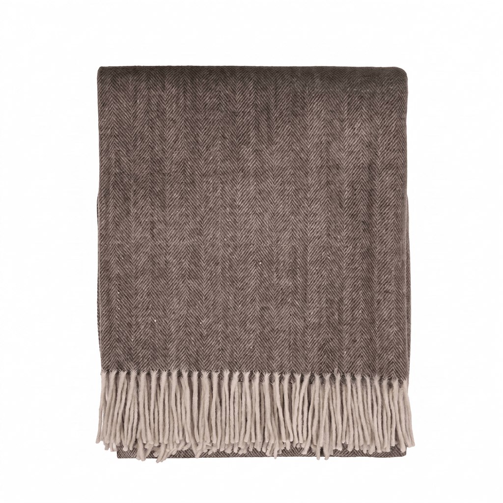 Highland Herringbone Wool Blend Throw Blanket with Tasselled Fringe - DEEP BROWN - Heritage Of Scotland -