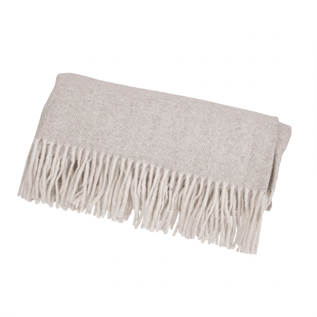 Highland Herringbone Wool Blend Throw Blanket with Tasselled Fringe - GREY MEDIUM - Heritage Of Scotland -