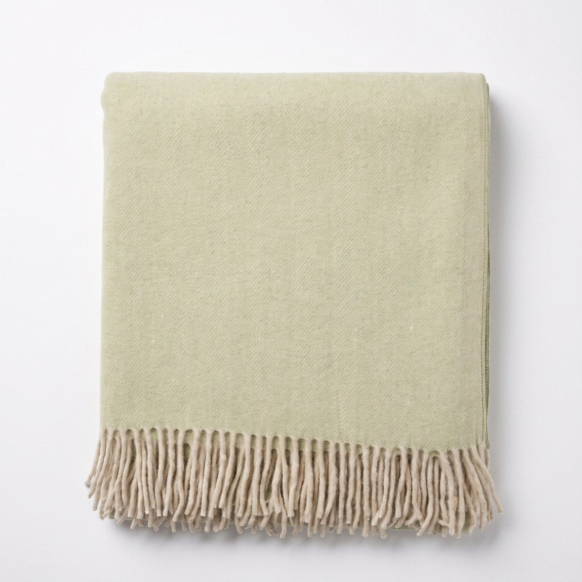 Highland Herringbone Wool Blend Throw Blanket with Tasselled Fringe - SAGE GREEN - Heritage Of Scotland -